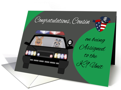 Congratulations to Cousin on assignment to K-9 Unit, raccoon, dog card