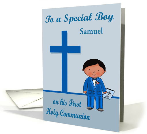 Congratulations On First Communion, custom name, dark-skinned boy card