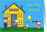 Birthday to School Security Guard, blonde woman, children, balloon card