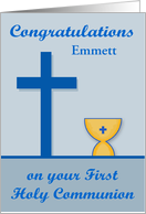 Congratulations On First Communion, custom name, chalice, blue cross card