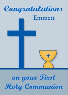 Congratulations On First Communion, custom name, chalice, blue cross