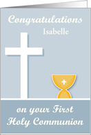 Congratulations On First Communion, custom name, chalice, white cross card