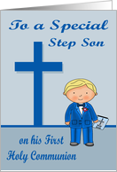 Congratulations On First Communion to step son, boy with blonde hair card