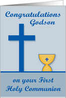Congratulations On First Communion to Godson, chalice, blue cross card