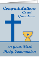 Congratulations On First Communion to Great Grandson, chalice, blue card