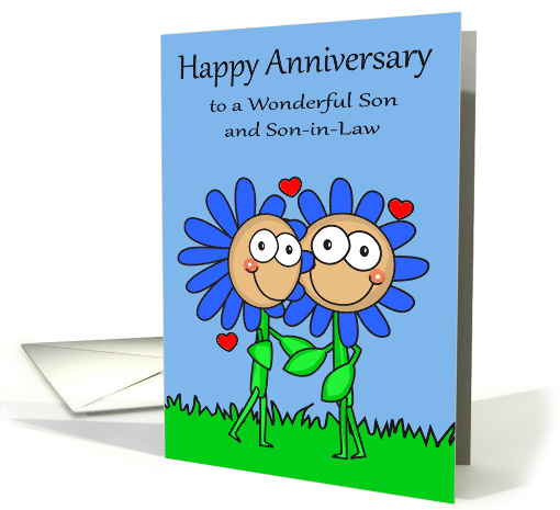 Anniversary to Son and Son in Law with a Flower Couple Embracing card