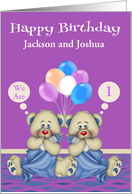 Birthday to Twin Boys Custom Name and Age Card with Bears and Balloons card