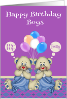 Birthday to Twin Boys with Cute Bears Holding Blankets and Bottles card