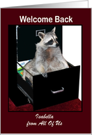 Welcome Back to Work custom name, raccoon in a file cabinet card