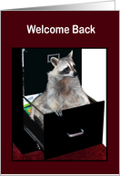 Welcome Back to Work with a Raccoon Sitting in a Black File Cabinet card