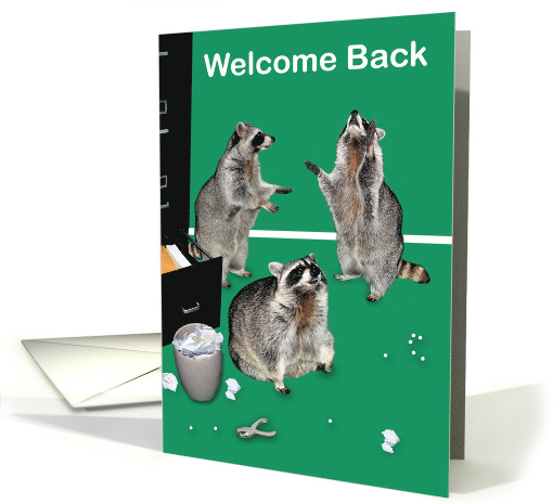 Welcome Back to Work Card with Raccoons Next to a File Cabinet card