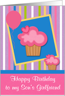 Birthday to Son’s Girlfriend Card with Cupcakes on Colorful Stripes card