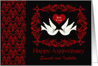 Anniversary Wedding, custom name, two white doves kissing on black card