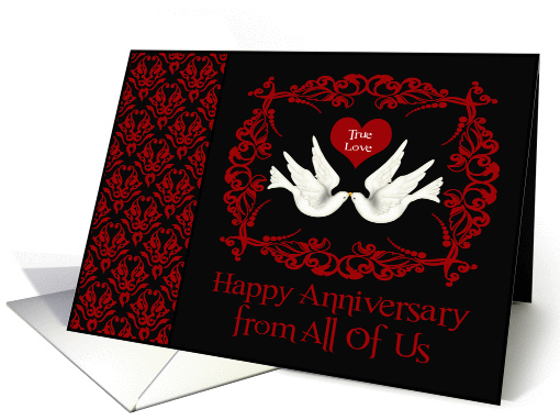Anniversary from All Of Us, two white doves kissing on black, red card