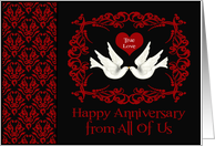 Anniversary from All Of Us, two white doves kissing on black, red card