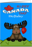 Birthday on Canada Day, general, a cute moose on a hill with a balloon card