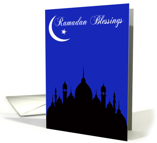 Ramadan with a Black silhouette of a Temple Under a Moon on Blue card