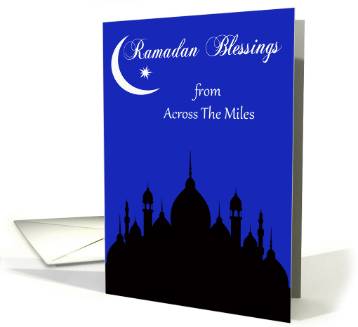 Ramadan from across the miles, black silhouette of a temple, moon card