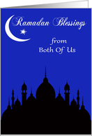 Ramadan from both of us, black silhouette of a temple, moon on blue card