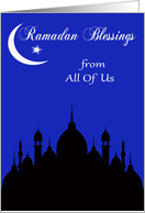 Ramadan from all of us, black silhouette of a temple, moon on blue card