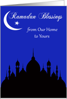 Ramadan from our home to yours, black silhouette of a temple, moon card