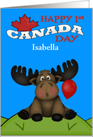 1st Canada Day Custom Name Card with a Moose on a Hill with a Balloon card