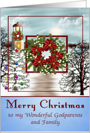 Christmas to Godparents and Family, snowy lighthouse scene, blue card