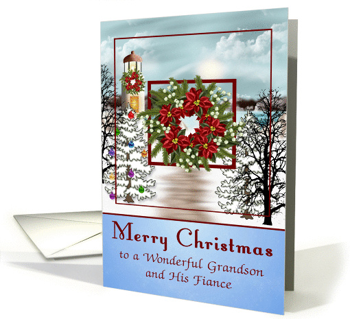 Christmas to Grandson and Fiance, snowy lighthouse scene on blue card