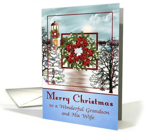 Christmas to Grandson and Wife with a Snowy Lighthouse Scene card