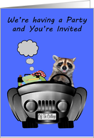 Invitations to Off to College Party, smiling raccoon driving a car card