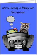 Invitations to Off to College Party, custom name, raccoon driving car card