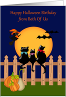 Birthday on Halloween from Both Of Us, three cats gazing at the moon card