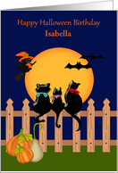 Birthday on Halloween Custom Name with Three Cats Gazing at the Moon card