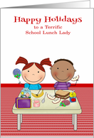 Happy Holidays to School Lunch Lady, a boy and girl at a lunch table card