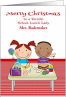 Christmas to School Lunch Lady, custom name, kids eating lunch card