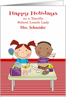 Happy Holidays to School Lunch Lady, custom name, kids eating lunch card