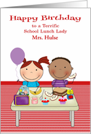 Birthday to School Lunch Lady, custom name, kids eating lunch card