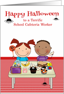 Halloween to School Cafeteria Worker, kids eating lunch, spiders card