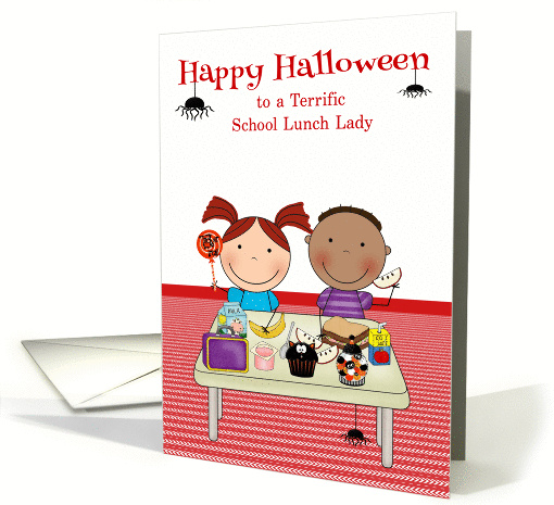 Halloween to School Lunch Lady, cute kids eating lunch, spiders card