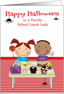 Halloween to School Lunch Lady, cute kids eating lunch, spiders card