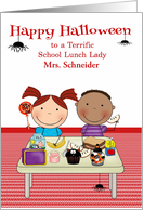 Halloween to School Lunch Lady, custom name, cute kids eating lunch card