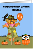 Birthday On Halloween Custom Name with an Owl in a Pumpkin Patch card