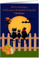 Invitations to Halloween Birthday Party, custom name, three black cats card