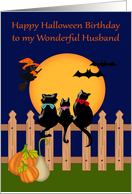 Birthday on Halloween to Husband, three cute black cats, bats, moon card