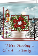 Invitatons to Christmas Party, snowy lighthouse scene with a wreath card