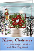 Christmas to Mother and Boyfriend, snowy lighthouse scene, wreath card