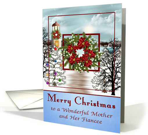 Christmas to Mother and Fiancee, snowy lighthouse scene, wreath card