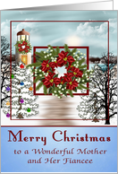 Christmas to Mother and Fiancee, snowy lighthouse scene, wreath card