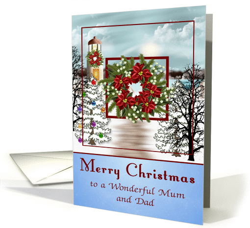 Christmas to Mum and Dad, snowy lighthouse scene with a wreath card