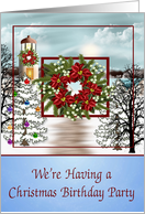 Invitations to Christmas Birthday Party, snowy lighthouse scene card